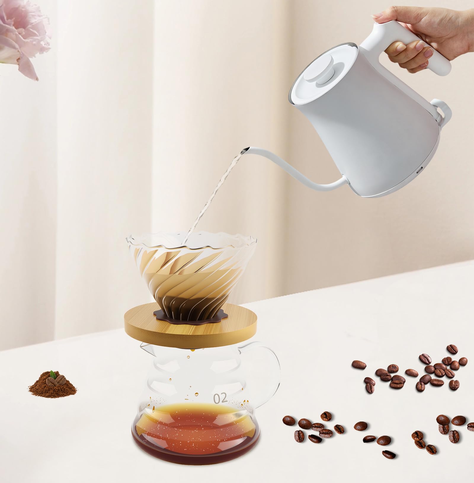 Ensemble de Café Filtré à la Main avec Carafe en Verre & Filtre en Bois Carafe à Main en Borosilicate 600ml avec Filtre V02 Support en Bambou & Coussinet en Silicone incl. 50 Filtres en Papier