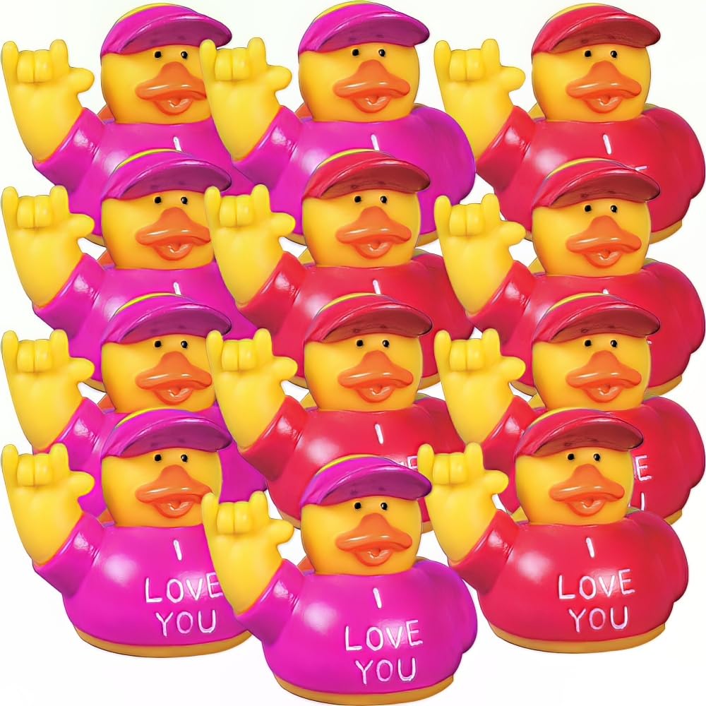 Fun Express I Love You Rubber Ducks Valentine's Day Toys, Gifts and Giveaways - Yellow, Red, Pink (Set of 12)