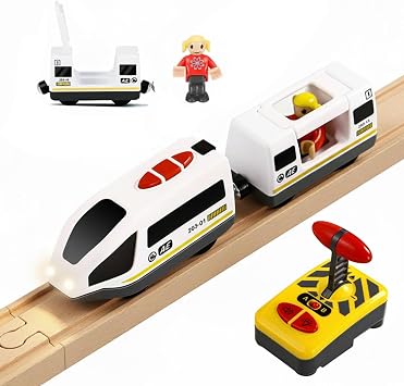 NUOBESTY Remote Control Train for Wooden Track Battery Operated Locomotive Train Motorized Engine with Sound and Lighting Magnetic Connection Electric Railway Toy for Kids No Battery