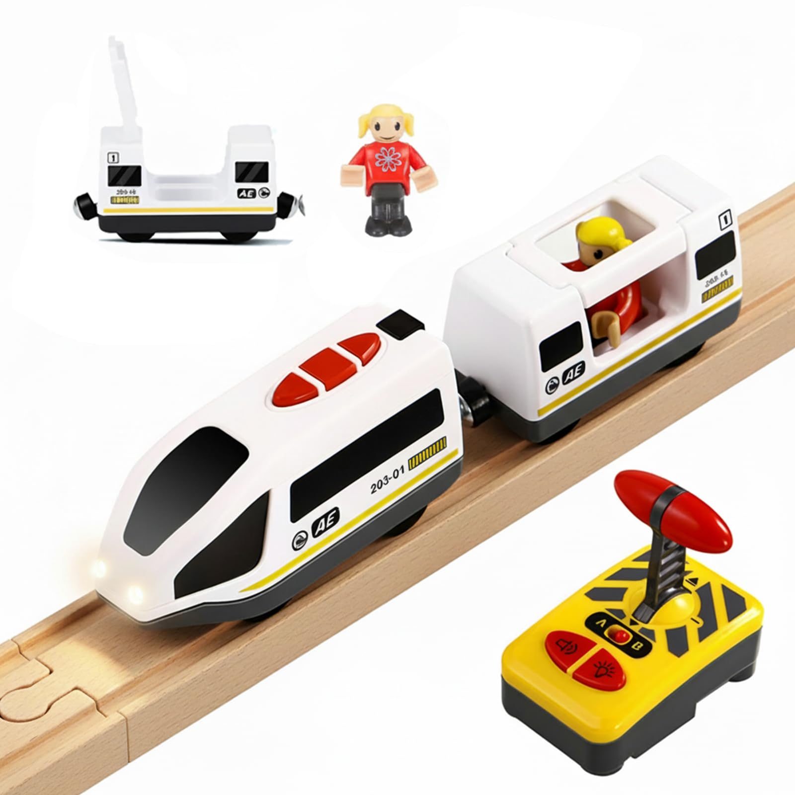 NUOBESTY Remote Control Train for Wooden Track Battery Operated Locomotive Train Motorized Engine with Sound and Lighting Magnetic Connection Electric Railway Toy for Kids (No Battery)