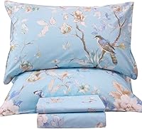 Vista 14 de QSH Juego de sábanas de tamaño individual 100% algodón egipcio, estampado de flores verdes con pájaros, mariposas y botánicas, lujo impreso, ropa