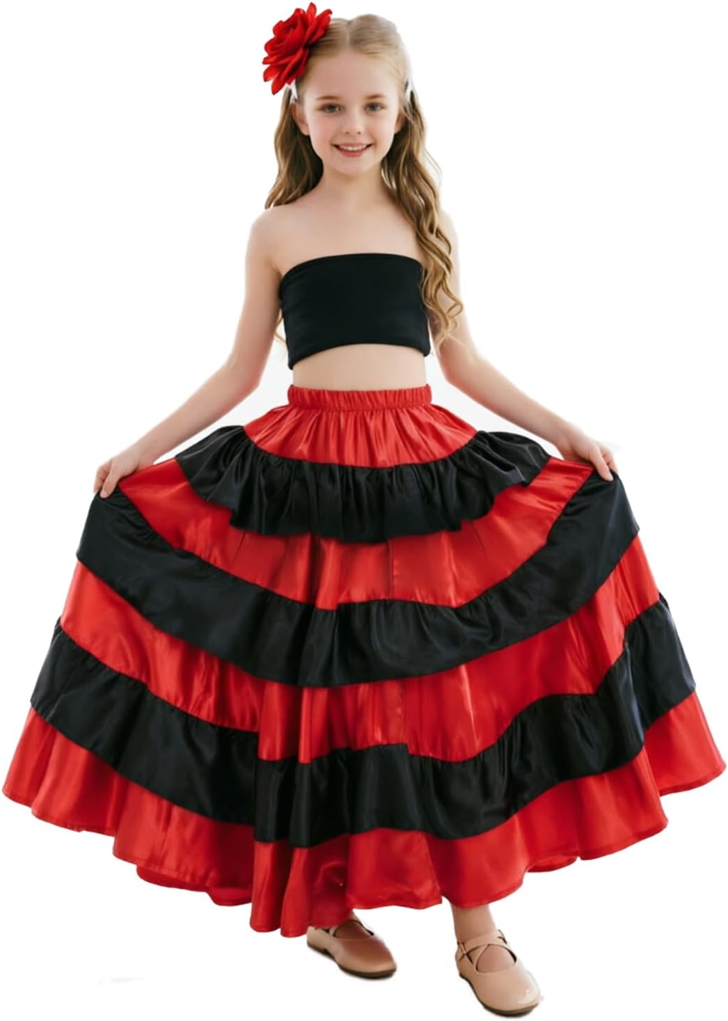 ORIDOOR 540-degree Satin Long Dress, Flamenco, Mexican Ethnic Dance Opening Dance Skirt for Girl, Halloween Swing Skirt