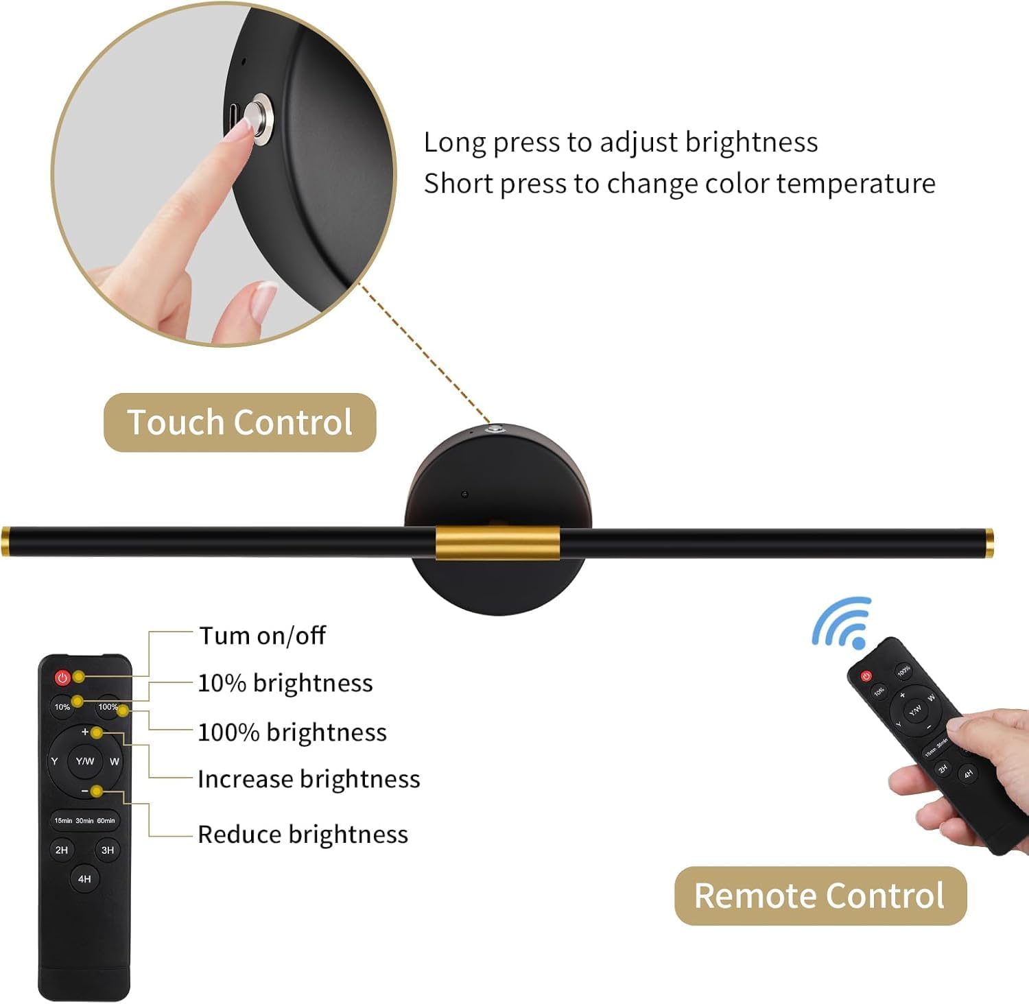 24 Inch Battery Operated Wall Sconce Set of 2, Dimmable Battery Sconces with Remote Control, 8000 mAh Rechargeable Sconces, 350° Rotate Modern LED Lights for Bedroom, Living Room, Black Gold