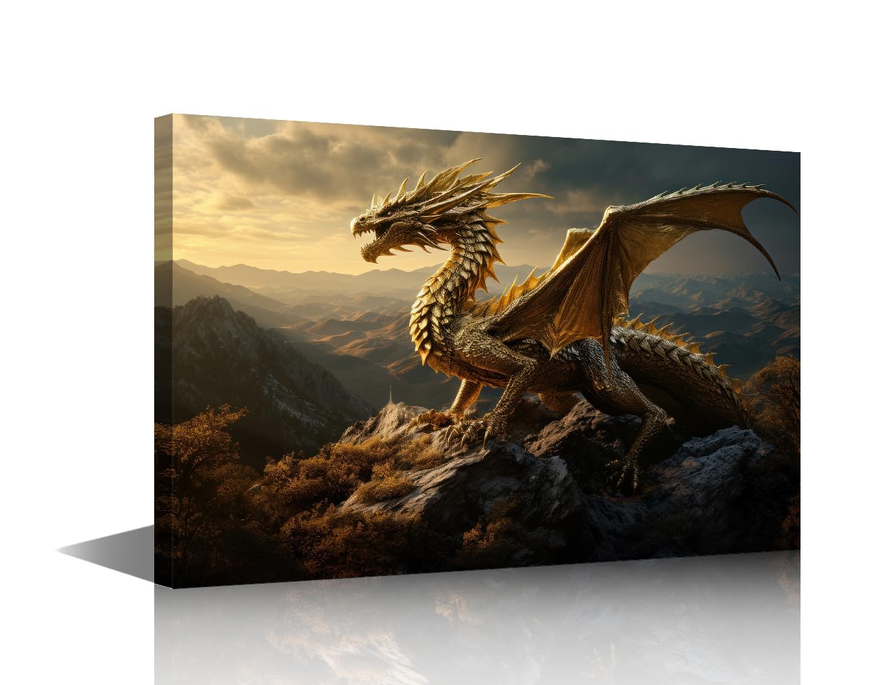 TISHIRON 1 Pieces Golden Dragon Wall Art for Living Room Dragon Large Canvas Wall Art Golden Dragon Mountain Framed Wall Art for Bedroom Contemporary Home Decor Framed Ready to Hang (24" Wx36 H)