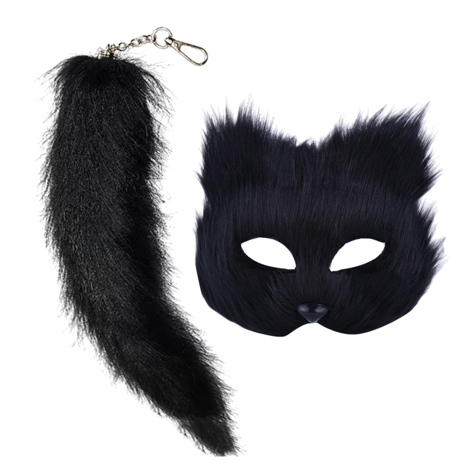 Cat Mask Tail Set, Faux Fur Therian Fox Mask Animal Long Tail Halloween Christmas Party Costume for Girls Women
