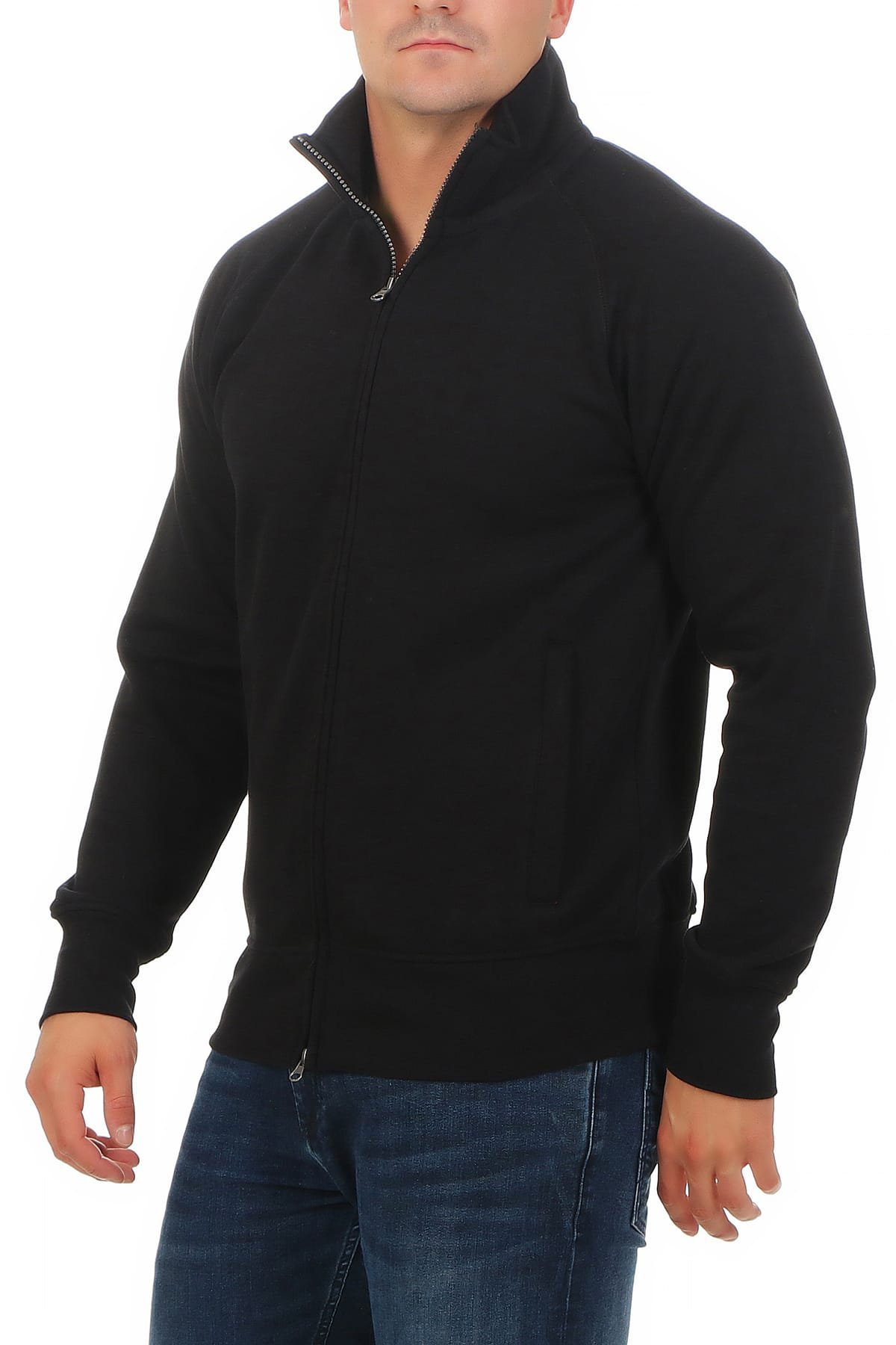 Herren Sweatjacke ohne Kapuze - Zip Hoodie Jacke mit Stehkragen aus Baumwollmischung - Regular Fit - innen weich gefüttert - Sweatjacke mit Zwei-Wege Reißverschluss - Übergröße bis Größe 5XL