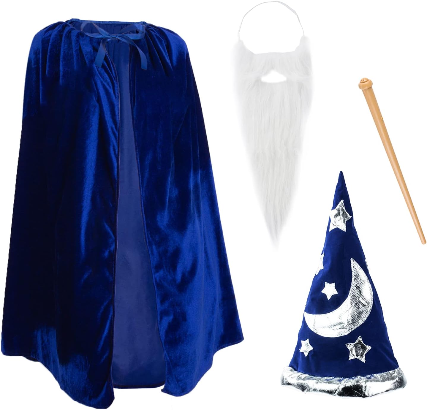 Wizard Costume for Kids 4 PC Set - Wizard Hat, Cloak, Beard and Wand – Wizard Accessories