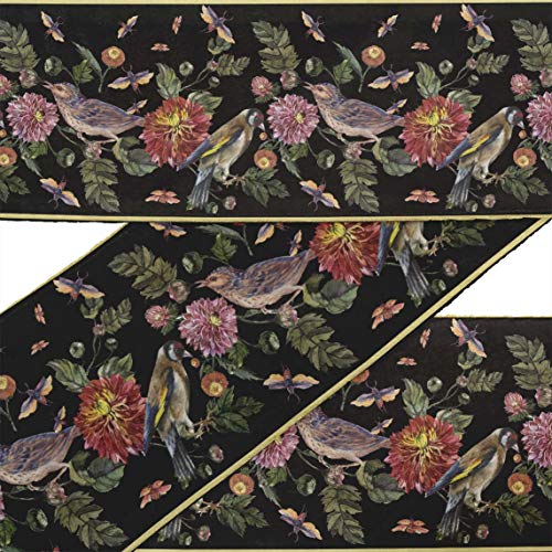 Iba Indianbeautifulart Black Bird & Dahlia Floral Printed Ribbon Trim 9 Yard Velvet Fabric Laces For Crafts Sewing Accessories 4 Inches #TOP13