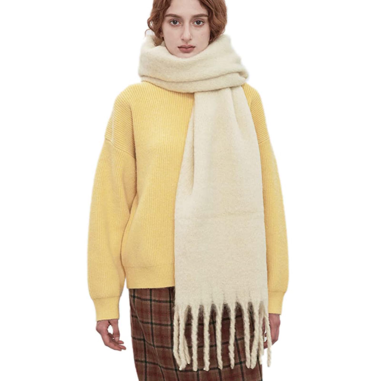 Large Chunky Scarf, Colorful Cashmere Feel Oversized Scarves Blanket Soft Big Wool Thick Winter Warm Women, Tassel Soft Fall Winter Thick Scarf for Outdoor (Cream)