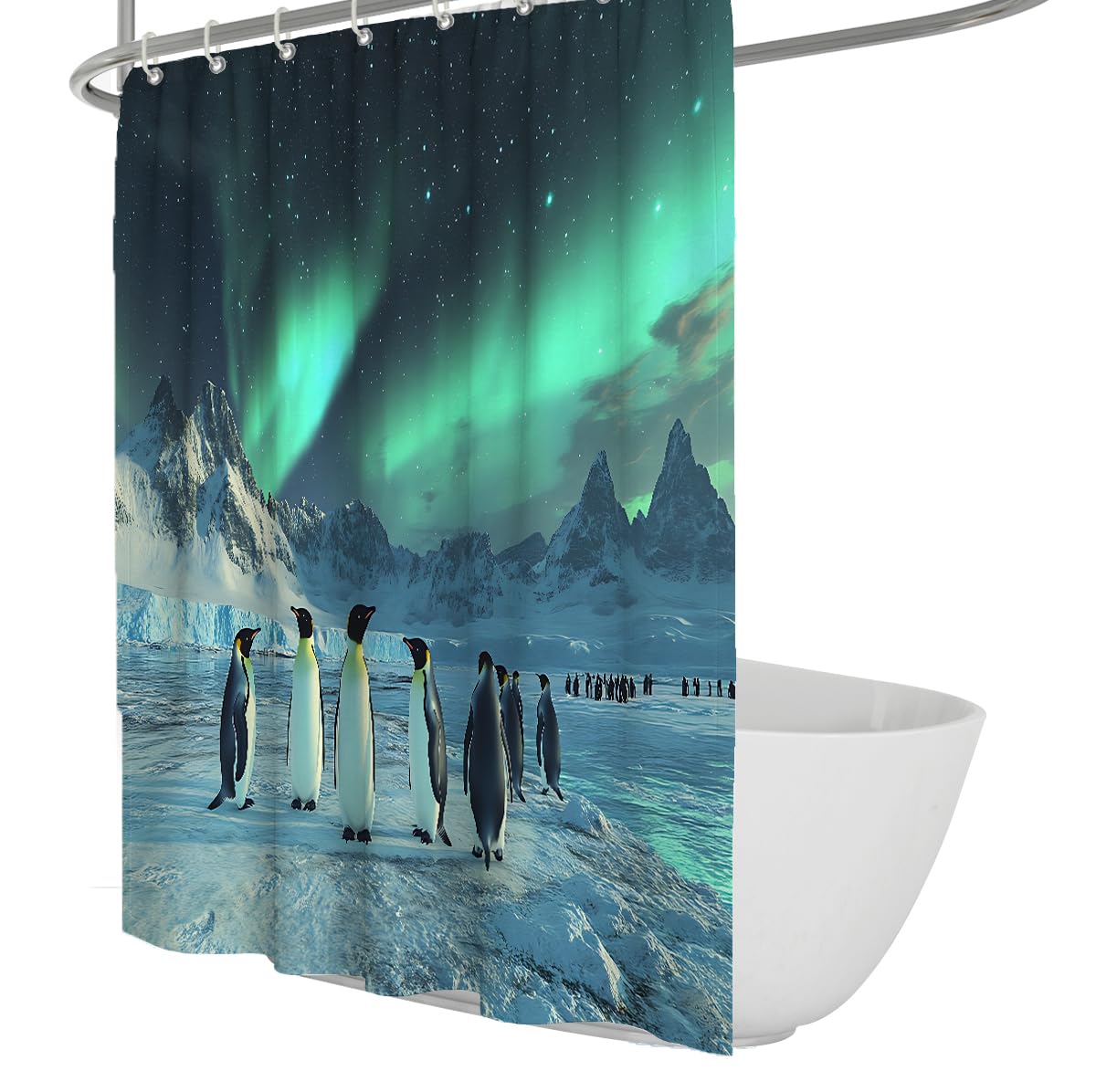UERWOWELL Aurora Borealis Penguin Shower Curtain Fantasy Green Night Sky Ocean Animal Glacier Ice Landscape Bathroom Shower Curtain Waterproof W150xL180 cm