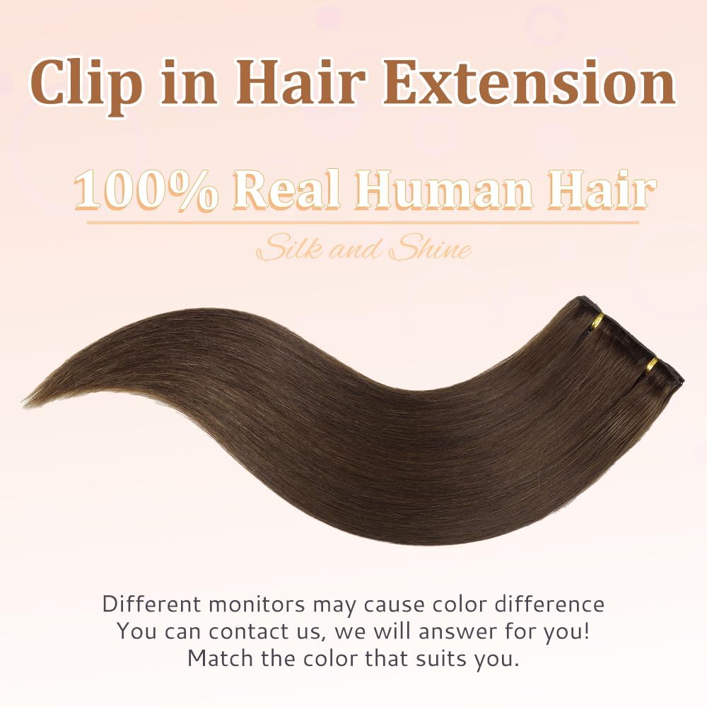 HotLulana extensión de clip de pelo humano Remy, 7 unidades, color marrón oscuro, extensiones de clip invisibles, 35 cm, 80 g