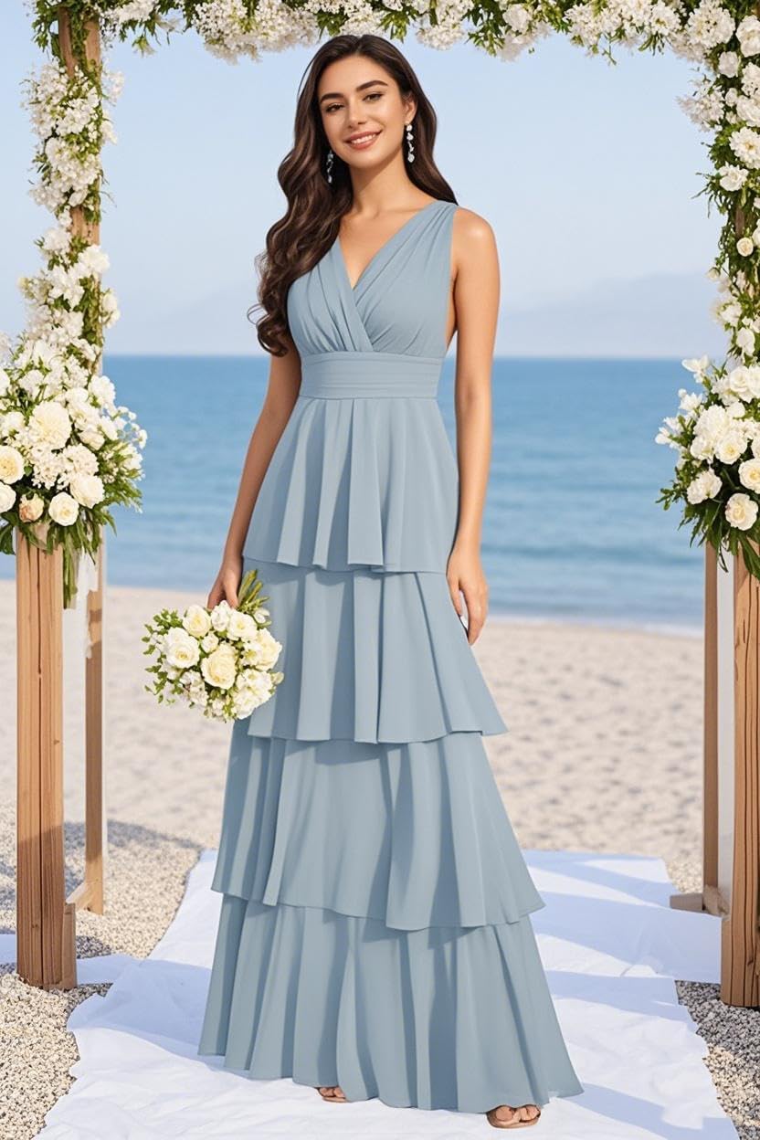 homdor V Neck Tiered Bridesmaid Dresses Long for Women Ruffles Chiffon Formal Evening Dresses - Image 3