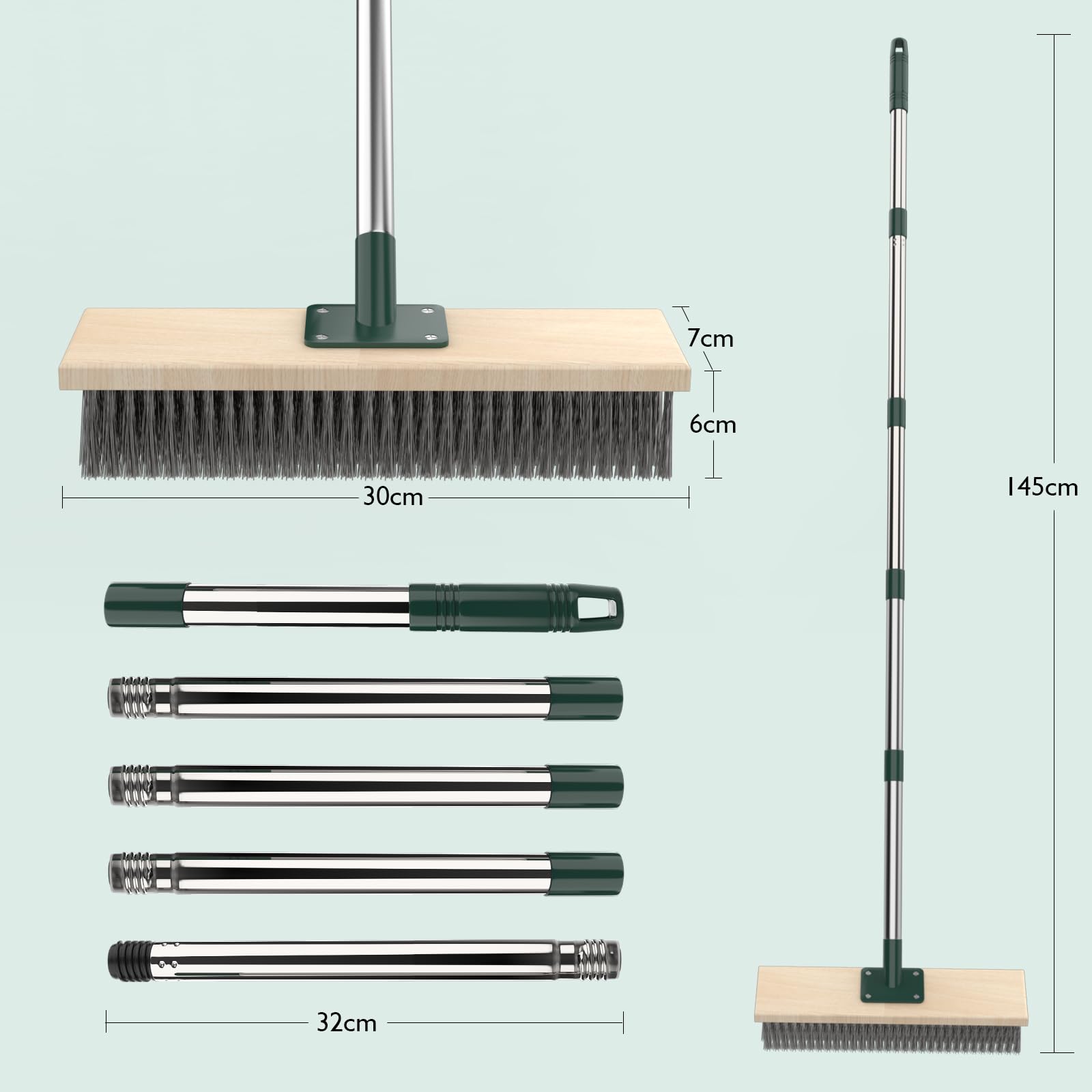 Szczotka ogrodowa, wytrzymała miotła druciana z długim uchwytem 152 cm (60"), głowica 30 cm (11,8"), zewnętrzna szczotka ogrodowa ze sztywnym metalowym włosiem do czyszczenia chwastów, mchu i algi na
