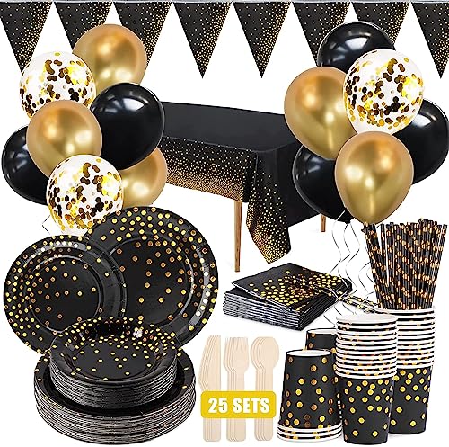 Joyboy Party Tableware Set, 25th Birthday Party Tableware with Balloons, Paper Plates, Paper Cups, Napkins, Gold Foil Dot for Parties, Weddings, Anniversaries, Birthdays