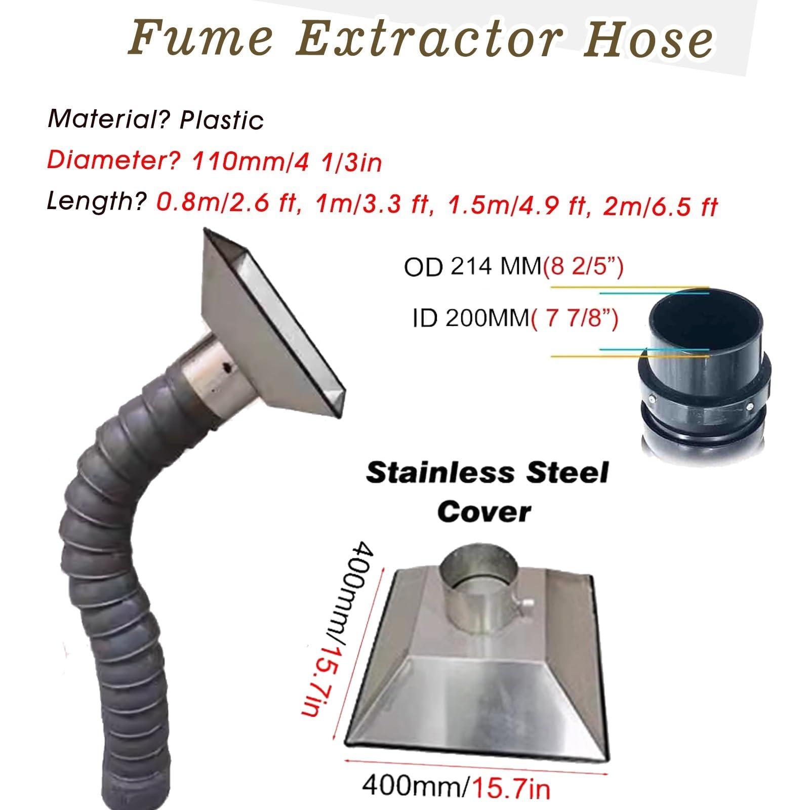 Kit de manguera extractora de polvo industrial, tubo flexible de extracción de humo con capucha de acero inoxidable, brazo de extracción de humos para soldadura, 4-8 pulgadas, 2 m de longitud