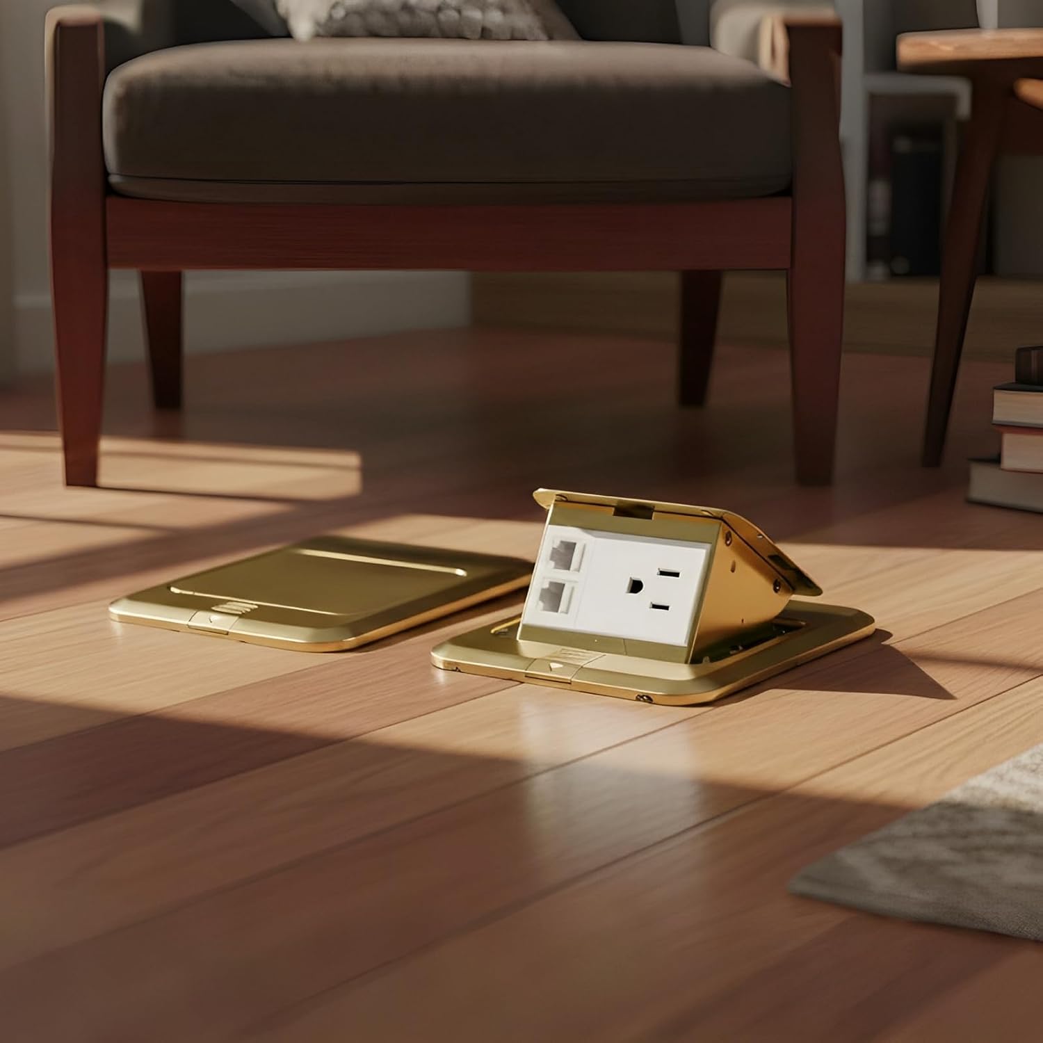Golden Floor Outlet with Dual Cat6 Network Ports, 15A Us Standard, Recessed with Metal Enclosure, 110V 3-Prong, 11 X 11 X 6 Cm
