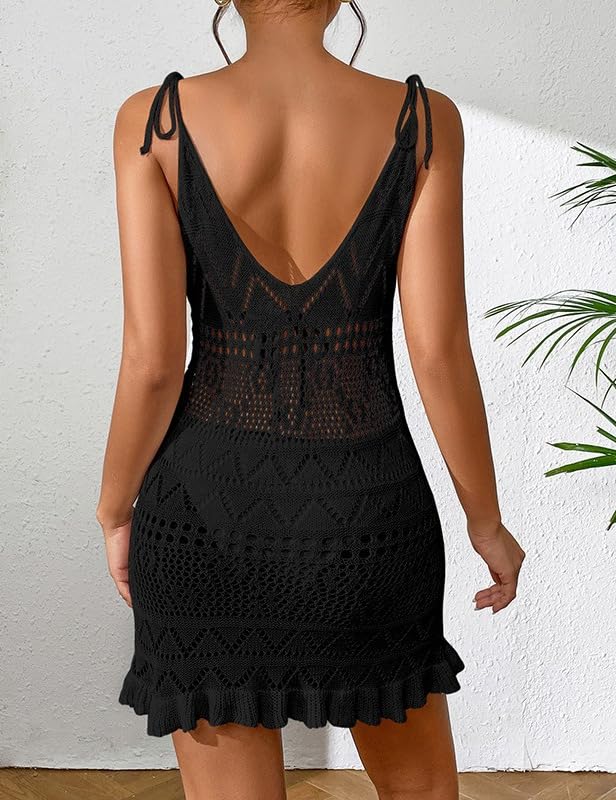Women Handmade Sexy Crochet Mini Camisole Dress V Neck Hollow-Out Lace Trim Short Beach Dresses Sheer Knit Swimsuit Cover Up3