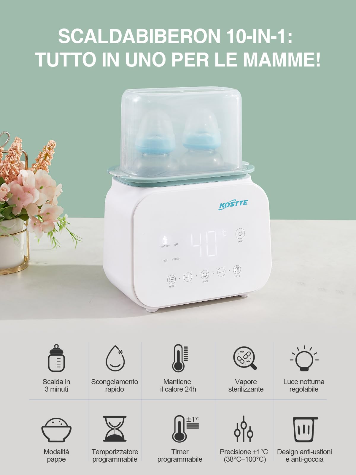 Scaldabiberon Riscaldamento rapido 10-in-1, Scaldabiberon Scaldabaschette per bambini, Scaldabiberon Elettrico Display a LED per Biberon Temperatura Scaldalatte Formula Riscaldamento Pappe Casa