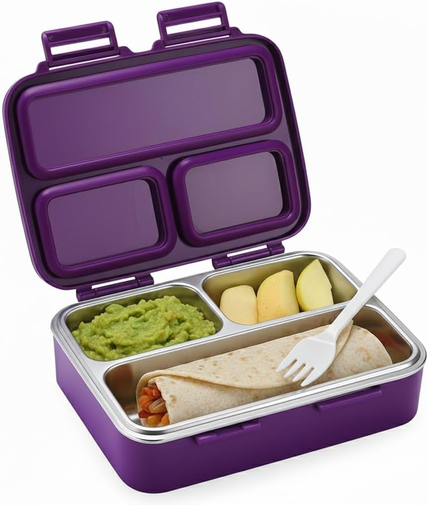 Large Kids Bento Box (22.3x17.5cm) - 3-Compartment Lunch Container, Leak-Proof with Stainless Steel Tray & Spoon (Purple)