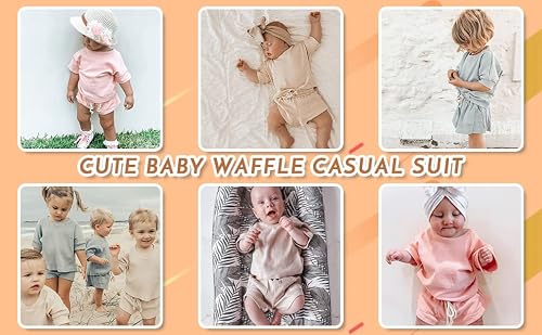 2Pcs Summer Toddler Baby Boy Girl Clothes Set Unisex Waffle Solid Short Sleeve Tops Pocket Drawstring Shorts Outfits (Brown, 12-18 Months) #TOP5