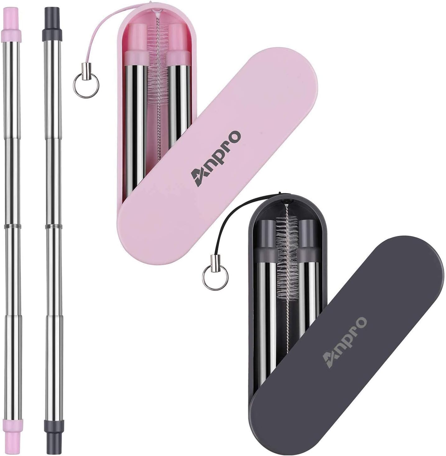 – Reusable Straws Metal - 2 Pack Stainless Steel Drinking Straws, Portable Telescopic Straw with Case & Key Chain & Cleaner Brush, Adjustable Length up to 9 inch, 6.6 mm Diameter