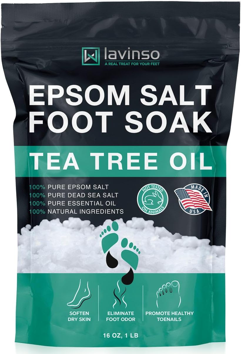 LV LAVINSO Tea Tree Oil Foot Soak with Epsom Salt - Made in USA - for Toenail Fungus, Athletes Foot, Stubborn Foot Odor Scent, Fungal, Softens Calluses & Soothes Sore Tired Feet (1 lb)