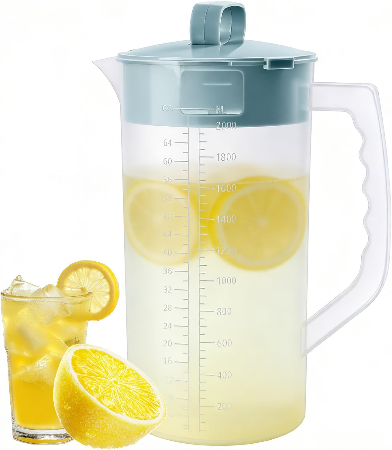 64oz Mixing Pitcher with Built-in Stirrer & Plunger, Leak-Proof Translucent Plastic Jug with Measurement Marks for Smoothies, Protein Shakes, Home & Party (1)