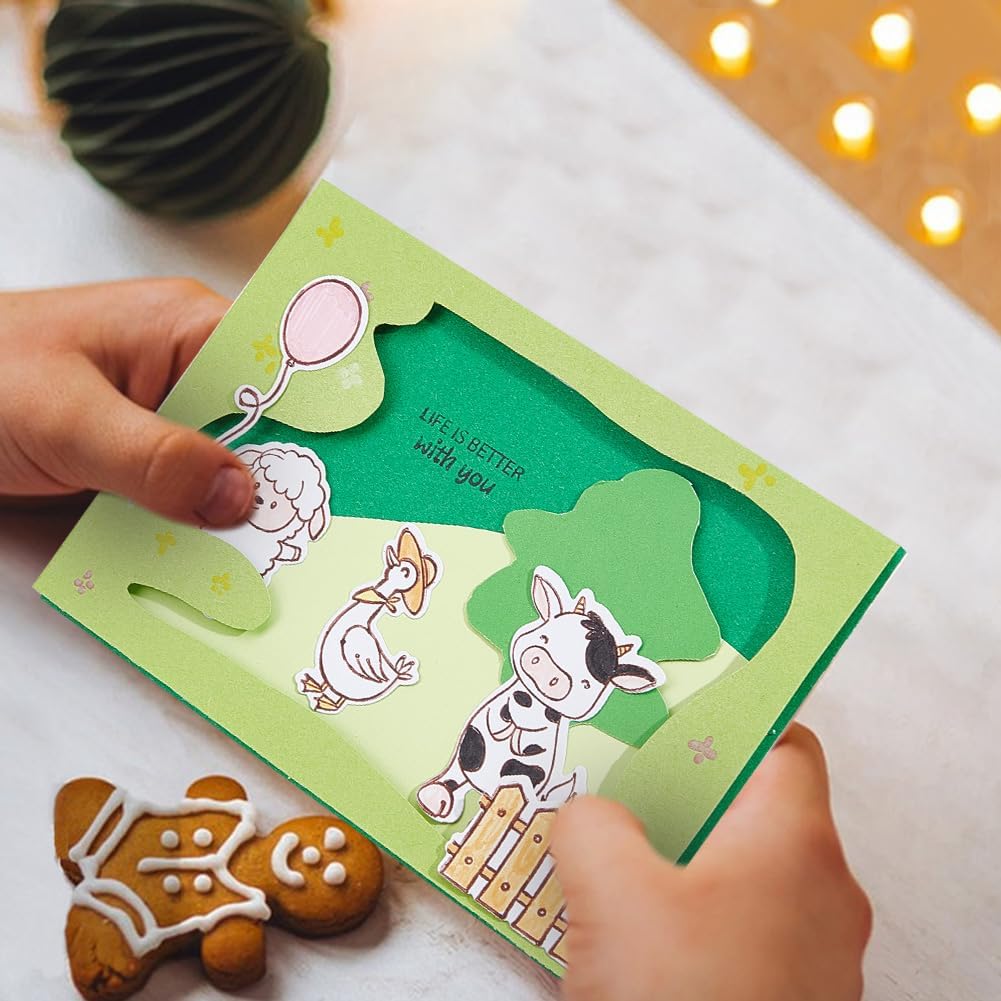 INFUNLY Farm Animal Clear Stamps and Dies Set Cattle Rabbit Transparent Silicone Stamps Animal Shape Happy Birthday Cutting Die for Card Making DIY Craft Scrapbooking Greeting Card Decor