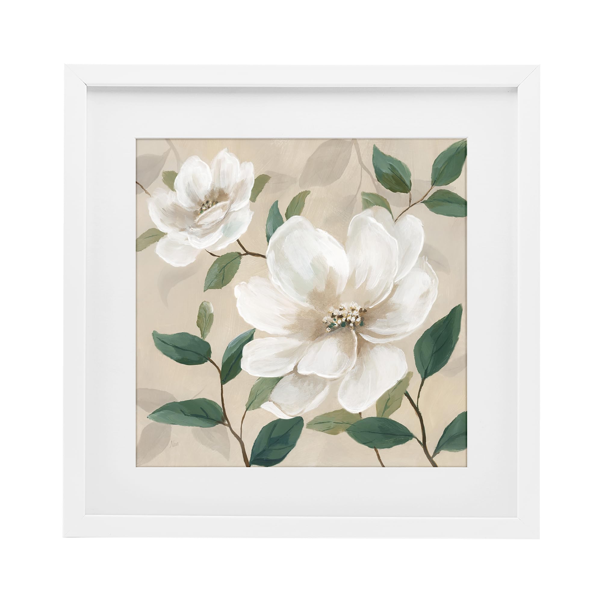 'Serene White Blossom with Leaves'| Framed Print Under Glass