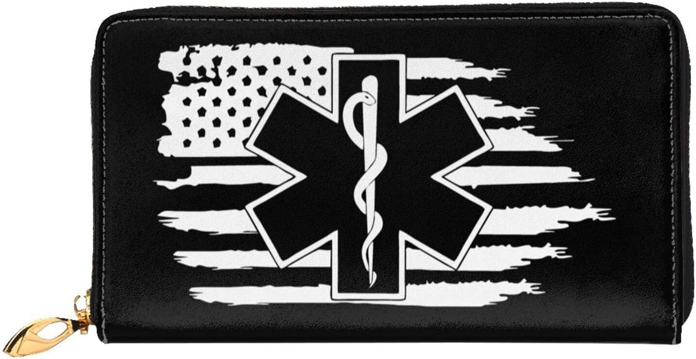 American Flag EMS Star Of Life EMT Paramedic Long Leather Clutch Wallet with Dual-Sided Print - Storage bag (12 Card Slots, Zippered Coin Pocket)