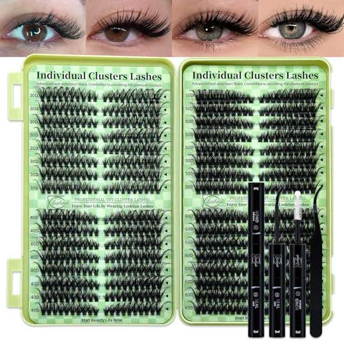 LASHSUN Lash Clusters Kit Wispy DIY Lash Extension Kit 640pcs Cat Eye Lashes Volume Cluster Eyelash DIY Lashes at home or Travel with Lash Bond and Seal,Lash Tweezers(Cat Eye 30D+40D+50D+60D Lash Kit)