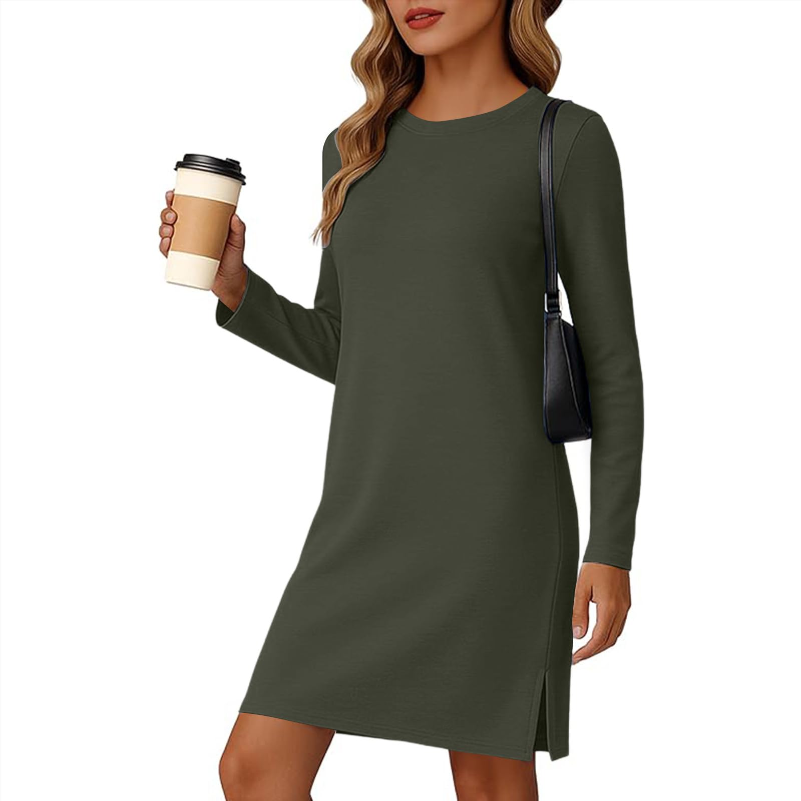 Womens Sweatshirt Dresses Crewneck Long Sleeve Shift Dresses Trendy Split Hem Casual Fall Pullover Tops Dress