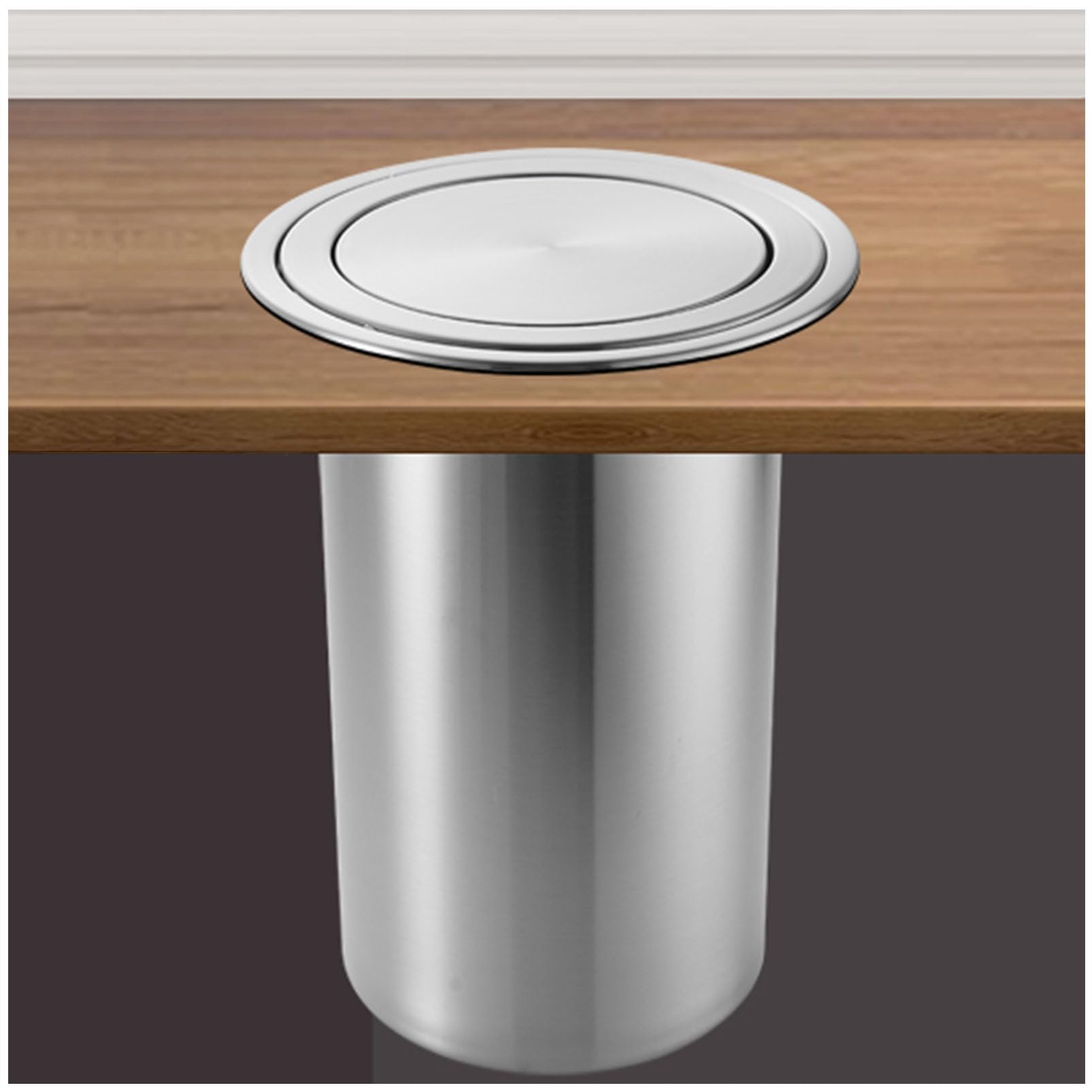 TIANQIHAO Trash Can Cover - Built-In 304 Stainless Steel Flap Lid For Kitchen Cabinet - Recessed Round Trash Chute Grommet,Silvery-Lid + bucket