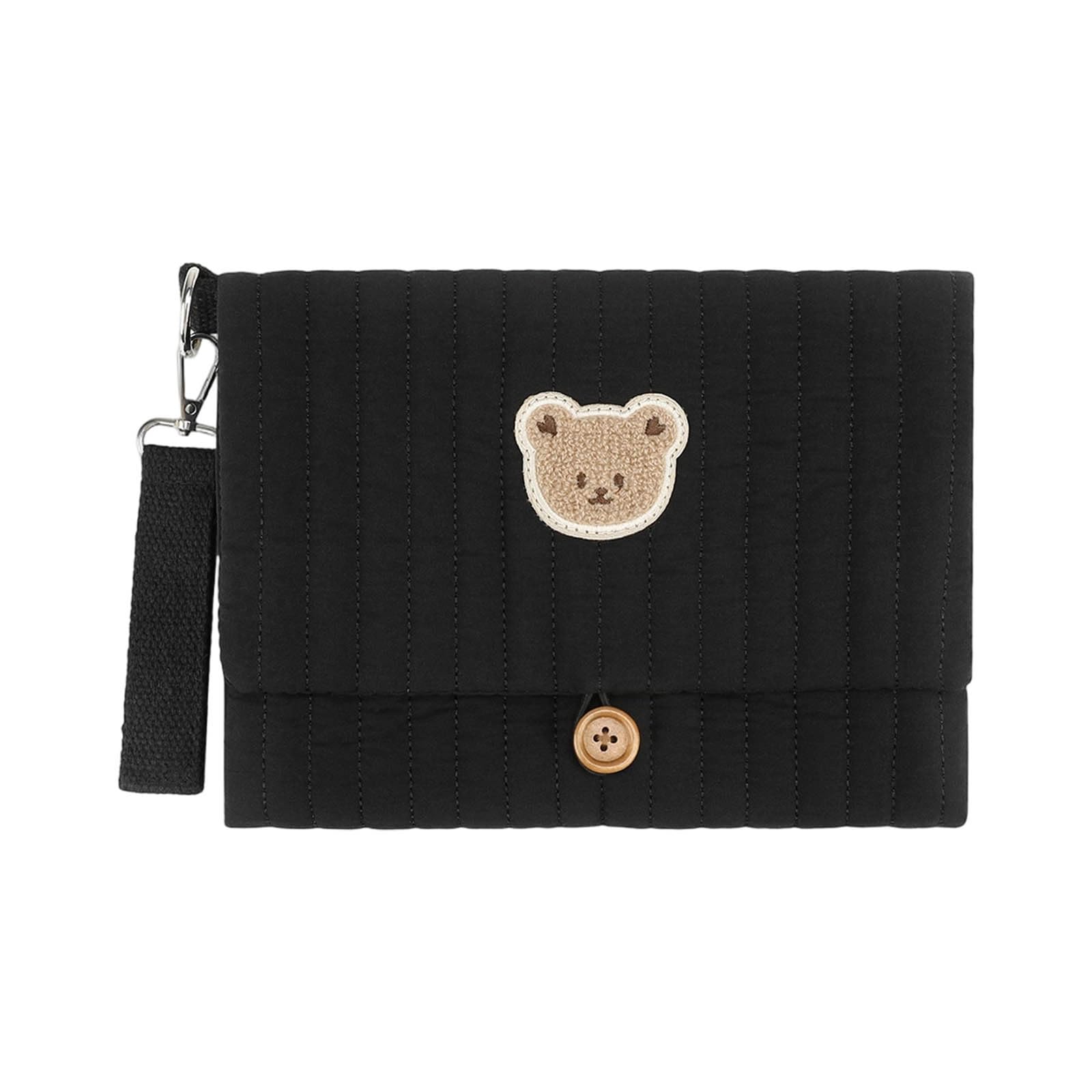 Cute Bear Baby Diaper Bag Organizer, Folding Diaper Clutch Bags with Multiple Pockets, Mini Travel Storage Bag with Stroller Attachment, Wipes Pocket for Mom, Shopping, Daycare, Camping (Black)