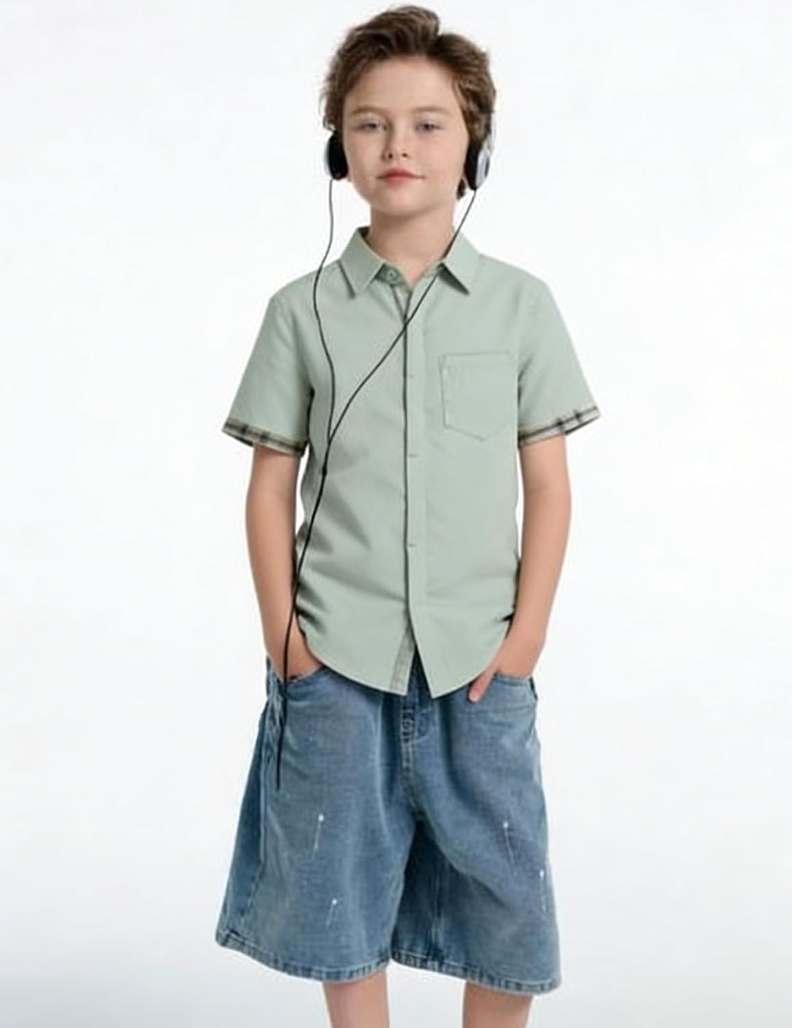Boy's Cotton Casual Short Sleeve Button Down Shirt Plaid Collar Linen Dress Shirts for Beach Summer Wedding Shirt