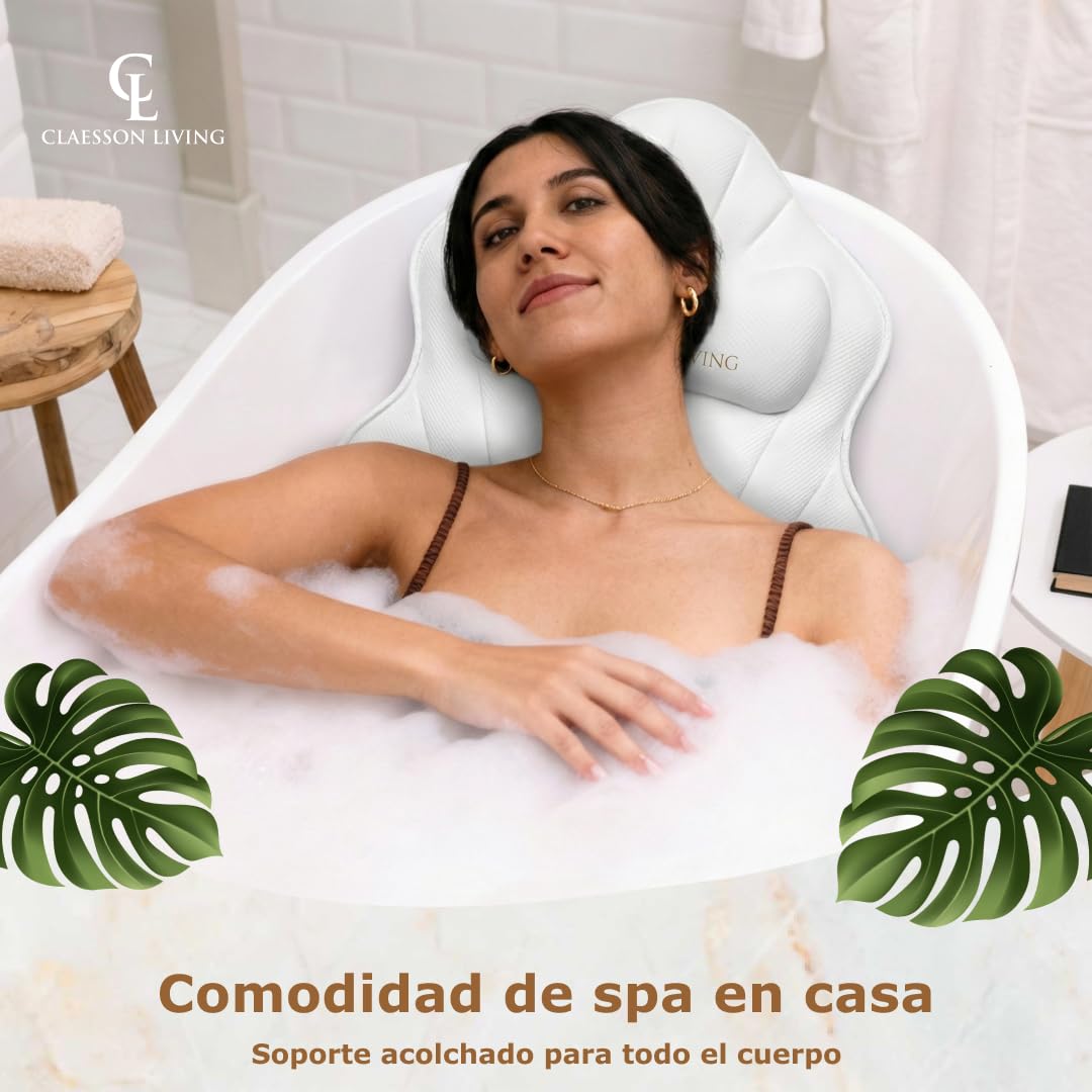 Cojin bañera (126x41cm) - Almohada bañera con apoyacabezas (13cm) y Soportes para el Cuello, Espalda y piernas – Incluye: Bath Pillow, Bolsas de Lavado y de Viaje, Gancho para Secado rápido Blanco