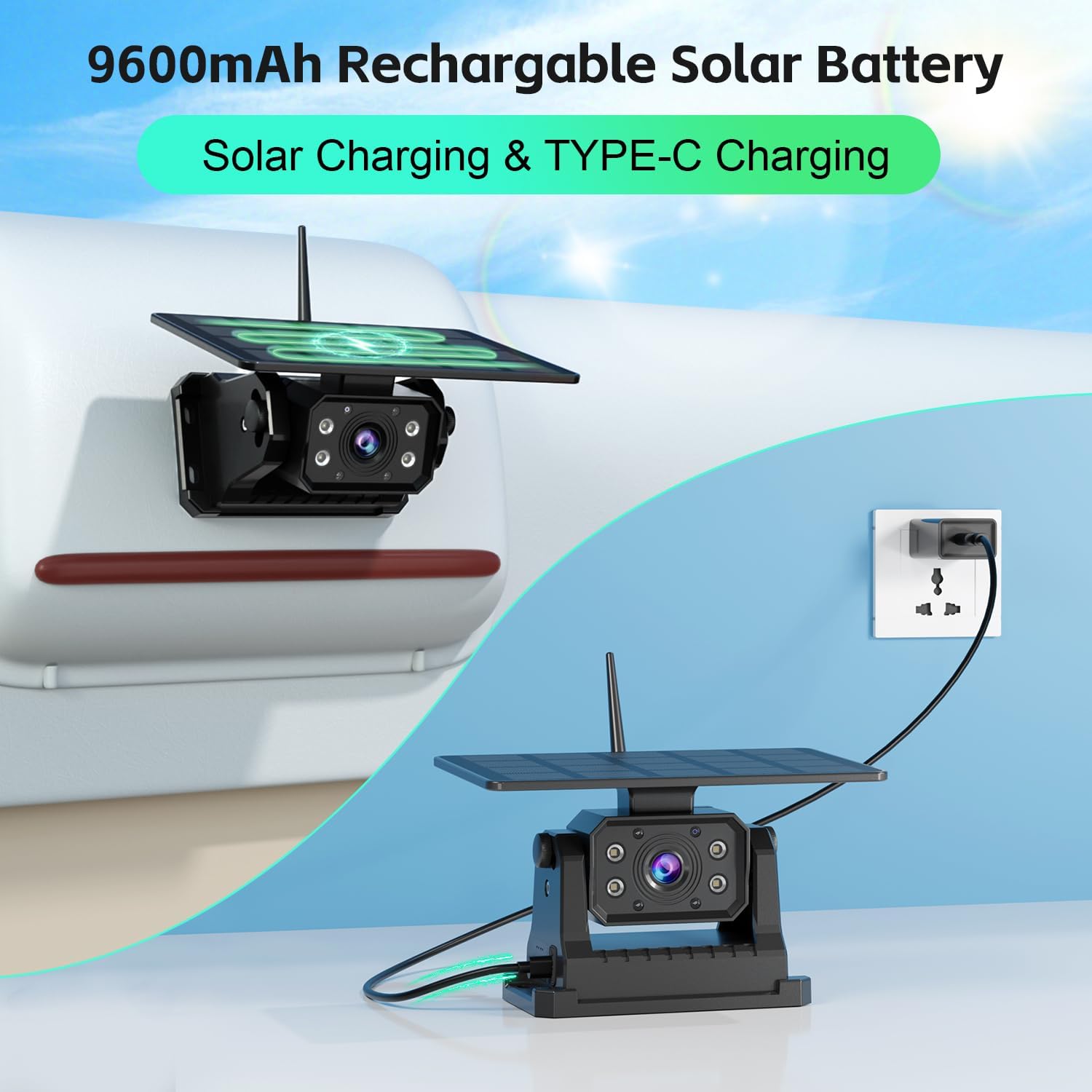 FEISIKE backup camera showing solar charging and Type-C charging options.