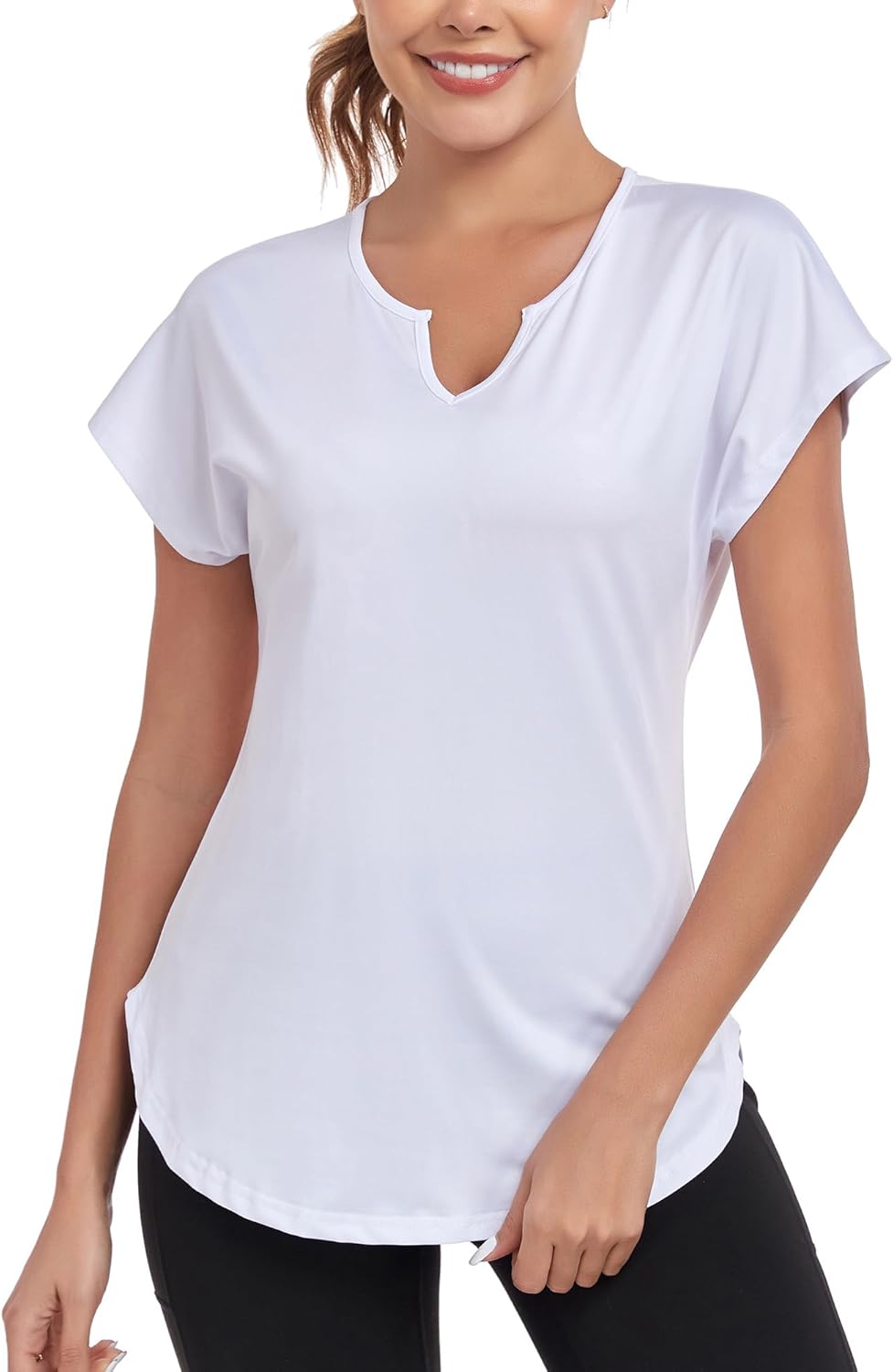 Women’s Short Sleeve Workout Shirts V Neck Exercise Yoga Basic Top Quick Dry Side Split