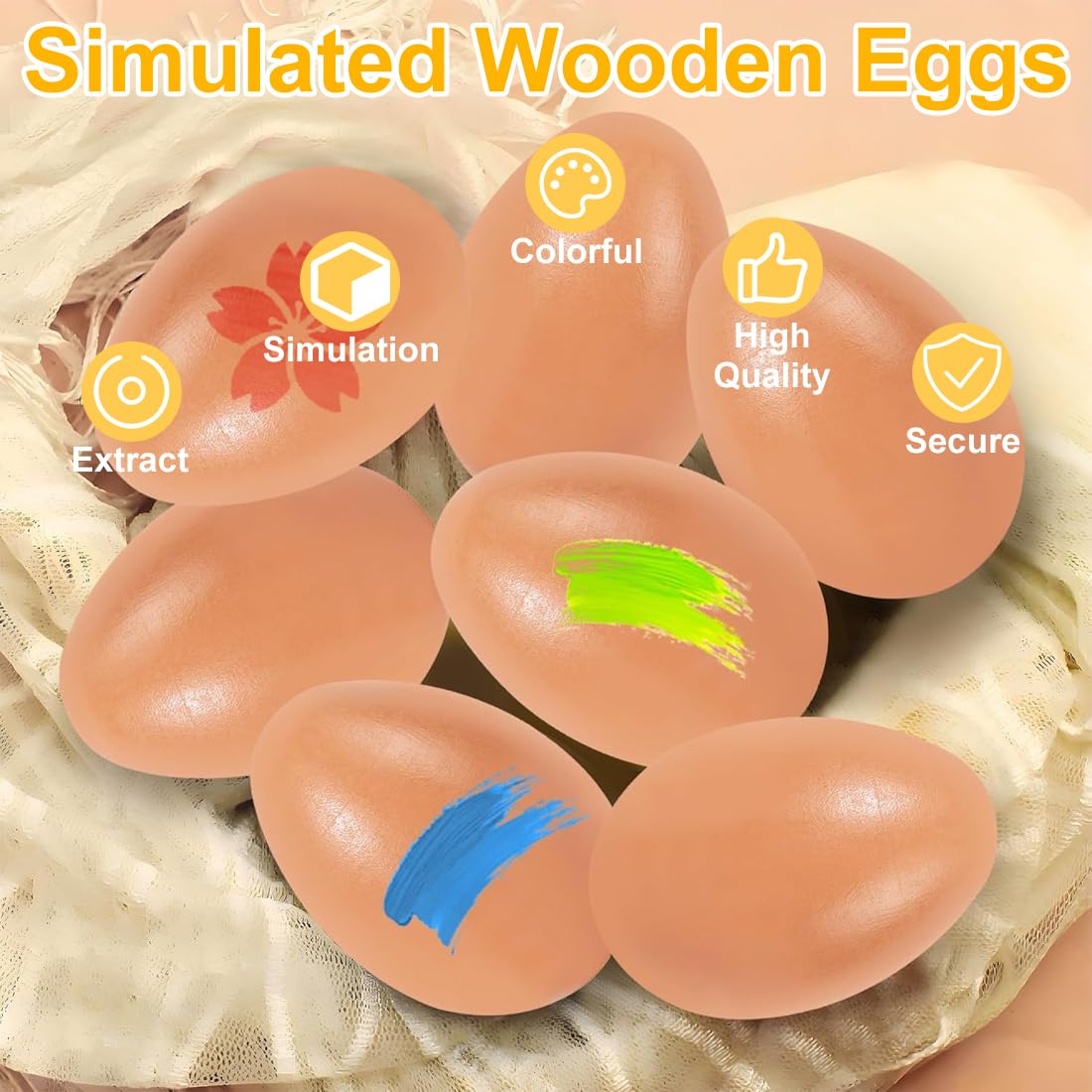 Huevos artificiales de madera 6 Piezas Huevos falsos de simulación para pollos aves de corral
