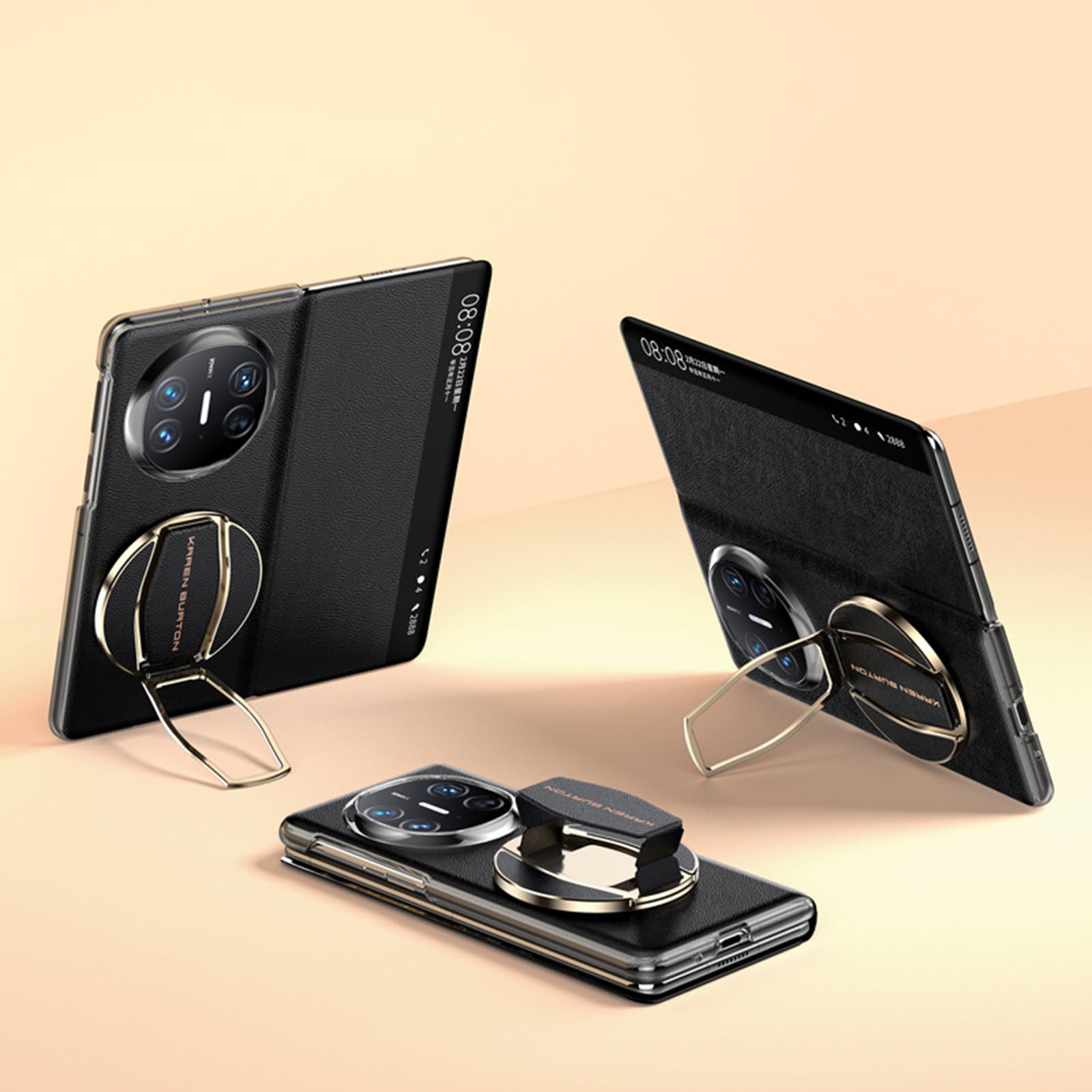 Etui do Huawei Mate X6, z przezroczystym okienkiem z klapką z prawdziwej skóry etui na nadgarstek składany pasek na nadgarstek luksusowa podstawka, czarny, matowy X6