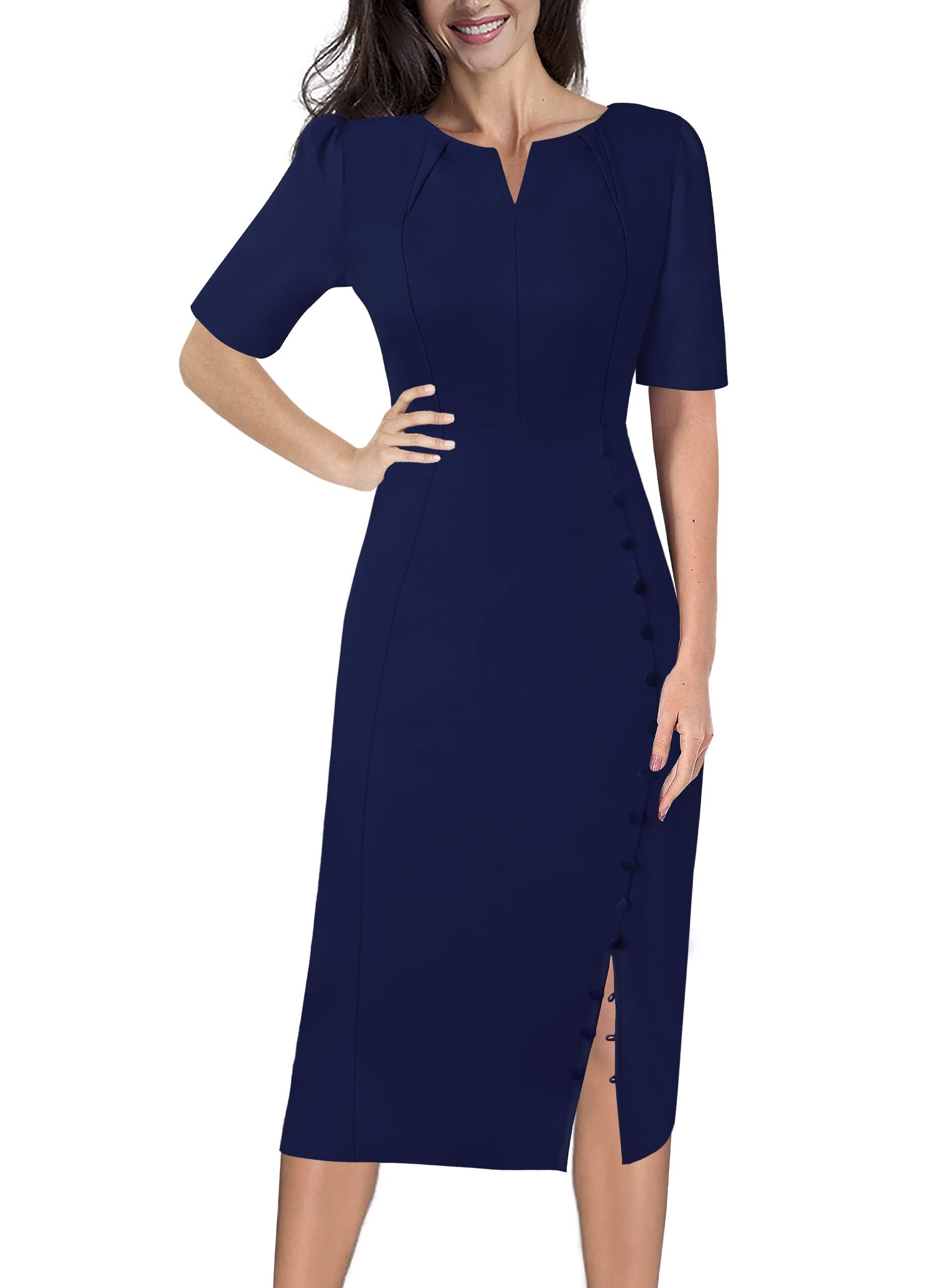 VFSHOW Womens Pleated Notch V Neck Buttons Split Work Office Business Slim Bodycon Pencil Sheath Midi Dress