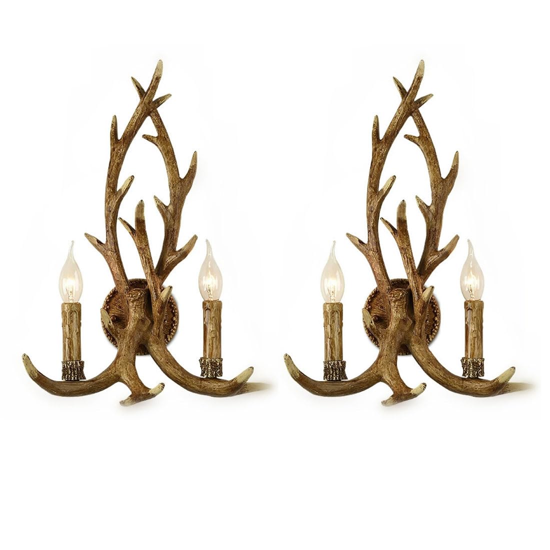 YNVIOZM Resin Antler Wall Light, Candle Style Resin Wall Lamp 2-Light Deer Horn Living Room Sconce Lighting with Decorative Antler in Brown for Dining Room, Living Room, Bar, Cafe