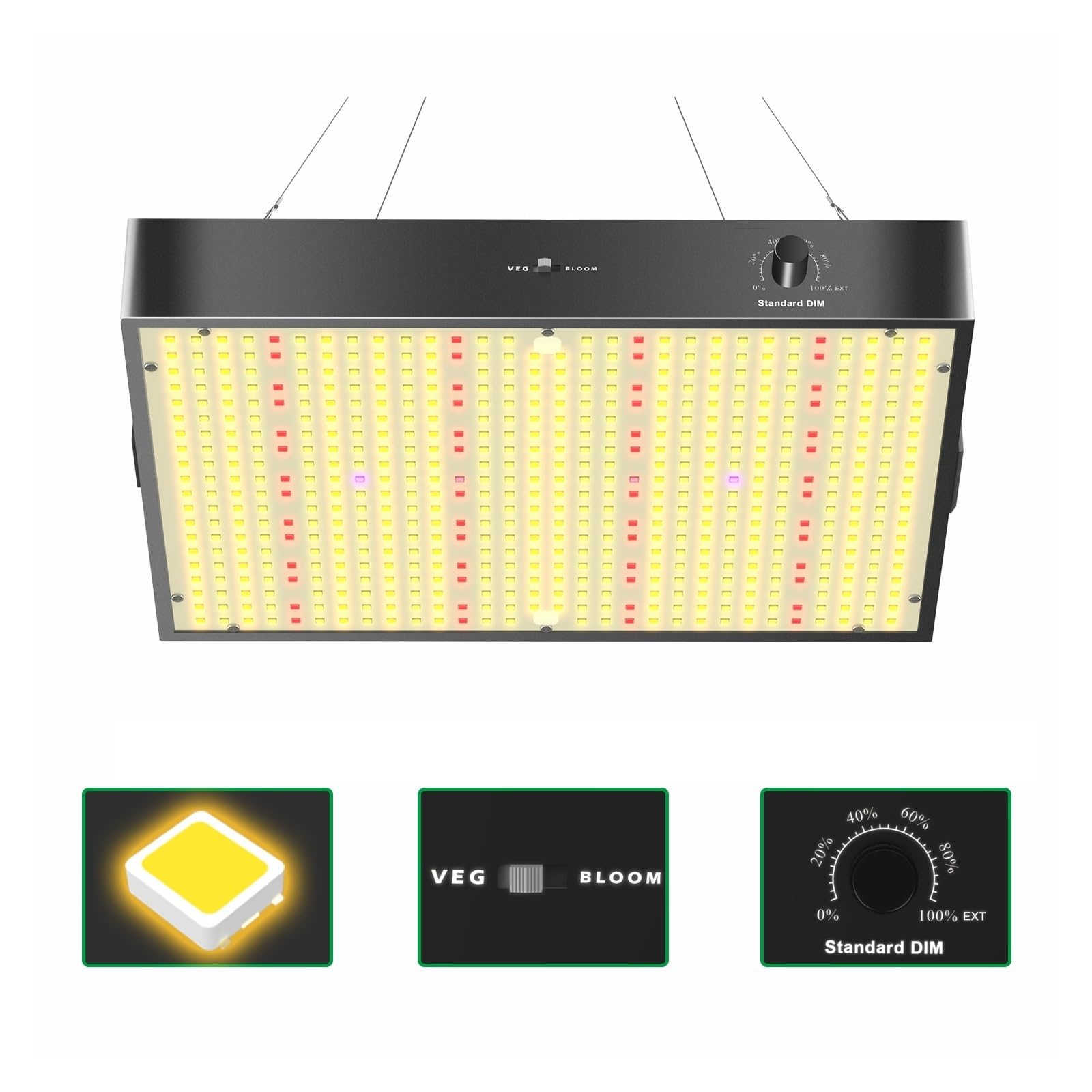 światło roślinne, Oświetlenie LED do uprawy roślin w pomieszczeniach Lampy pełnego spektrum, ściemnianie 0-10 V, funkcja łańcuchowa, cichy wentylator, tryb VEG i Bloom(PB1000)