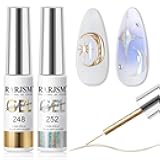RARJSM Metallic Chrome Gel Liner Nail Art 3D Mirror Holographic Silver and Bronze Gold 2Pcs Set Gel Nail Polish 8ml Painting Build in Thin Brush Painted Drawing Striper GelPolish Curing Requires