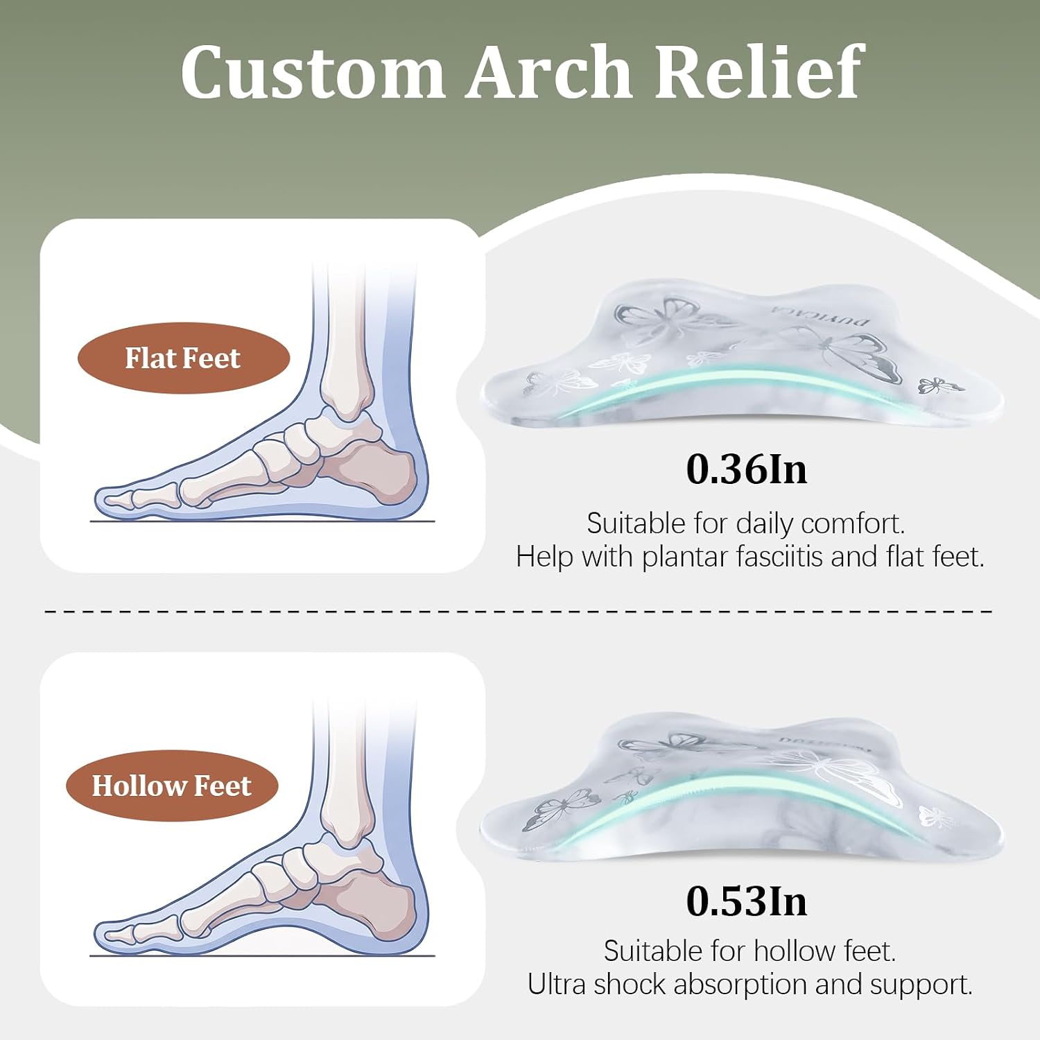 Arch Support Inserts for Women: Soft Gel Arch Pads for Flats, Loafers & Sandals - Invisible Adhesive Shoe Inserts for Standing, Walking & All Day Comfort 0.53" (Clear)