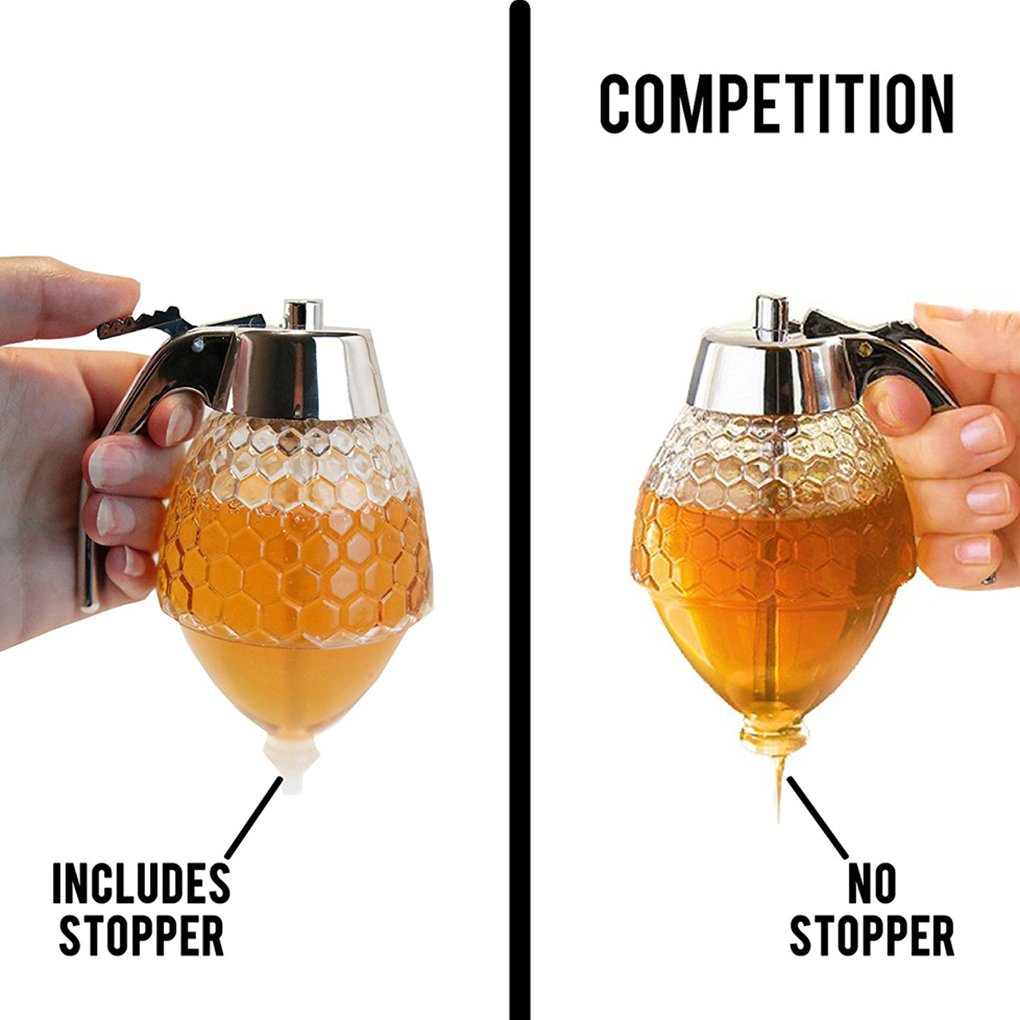 TRUENIX™ Acrylic Honey Maple Syrup Juice Dispenser 200ml with Stand Honey Container Jar Pot No Drip Honey Cup Storage Dispenser High Capacity Cans Kitchen Tools Bee Hive Trigger Comb Shaped Bottle 4