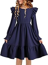 blibean Teen Girls Dress Kids Double Ruffle Long Sleeve Smocked Dresses Size 6-15 Years