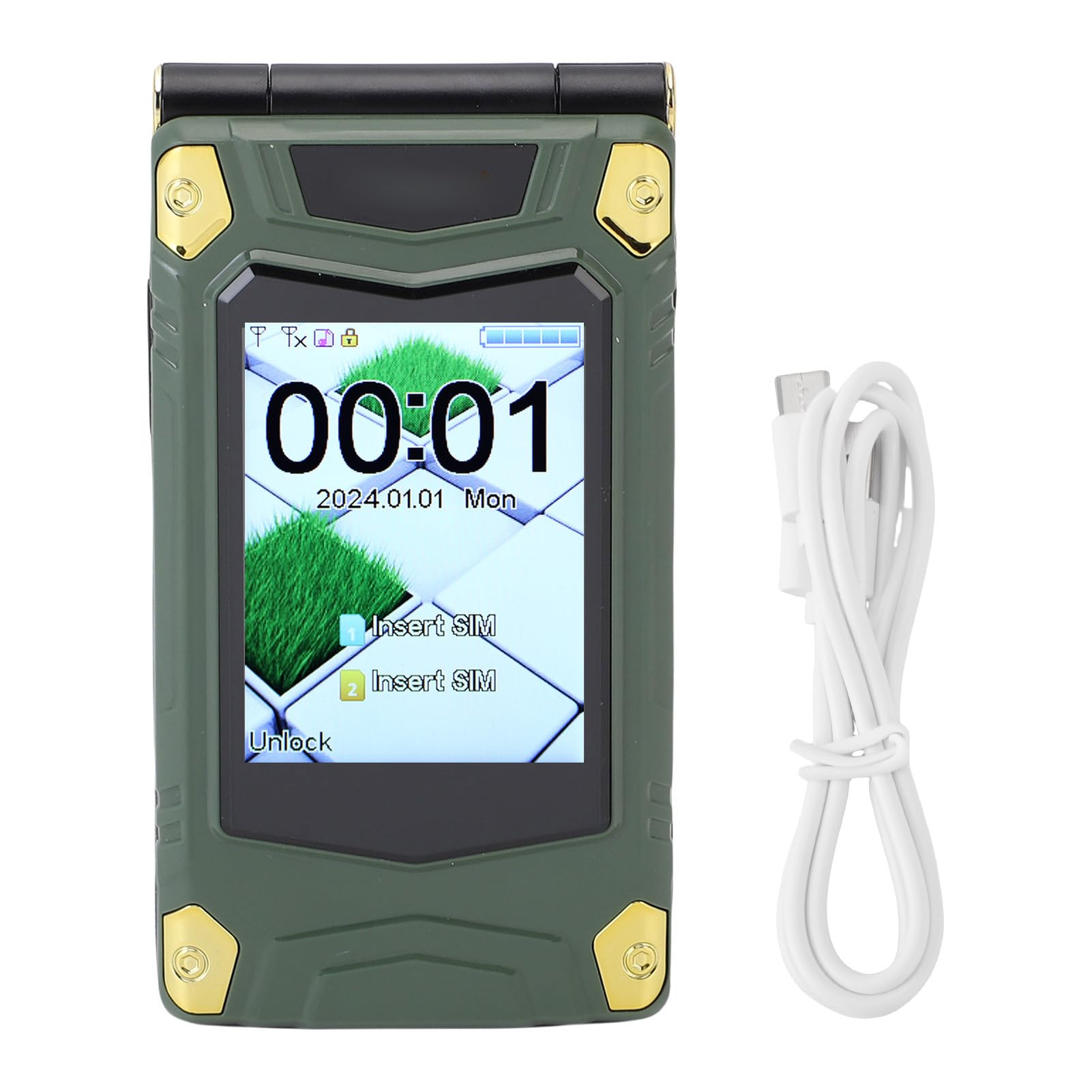 Odwróć Telefon z Dużymi Czcionkami, Transmisja Głosowa, 9 Szybkiego Wybierania, 3,0 „wewnętrzny + 2.6”, Ekran Zewnętrzny, 4800 MAh, Podwójna Karta SIM Odblokowana (GREEN)