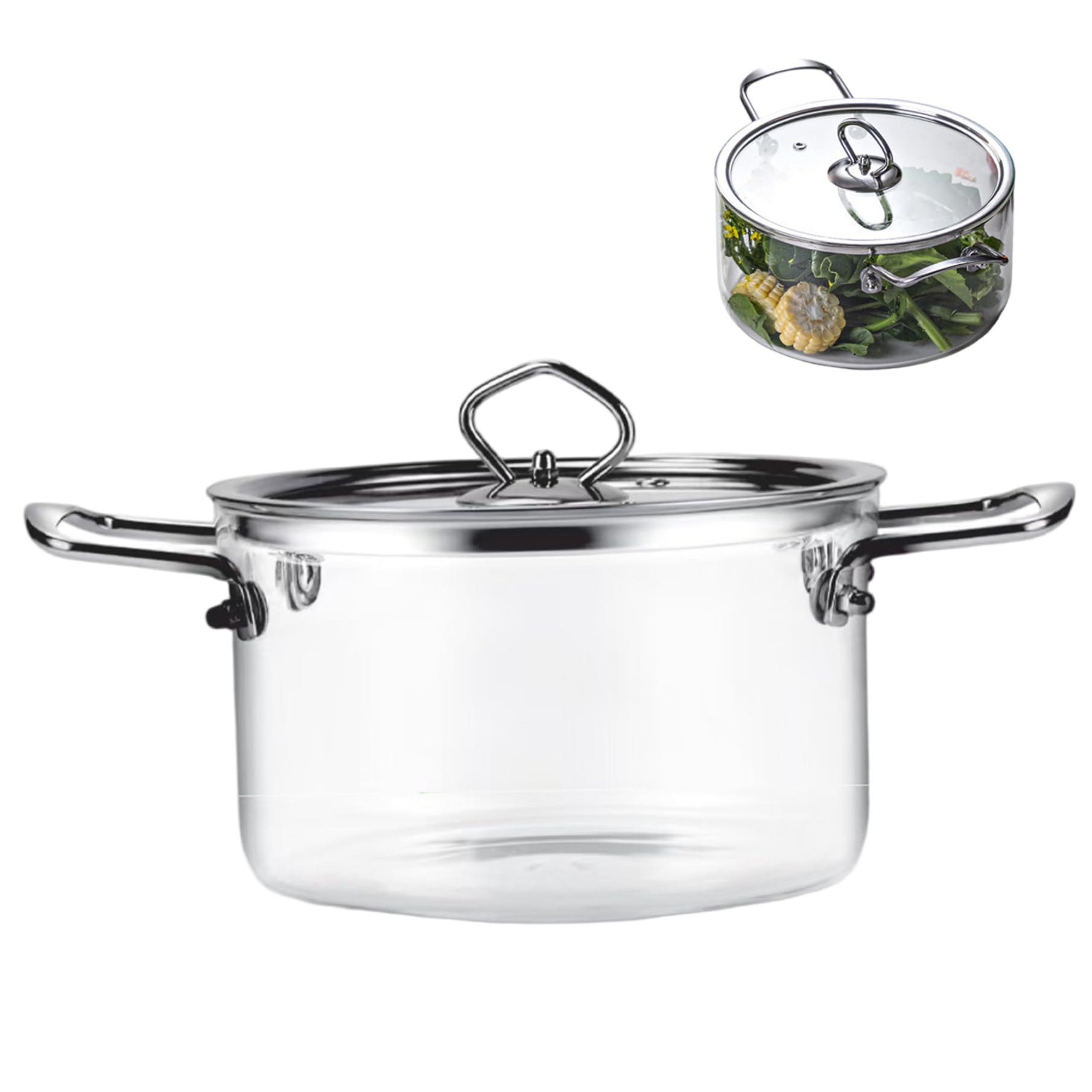 CAKEEYUM Glass Saucepan with Lid, 2.5L Transparent Simmer Pot with Dual Stainless Steel Handle, Heat- Resistant Glass Pots for Cooking Pasta, Noodle, Soup, Milk Saucepan, Pot, Simmer