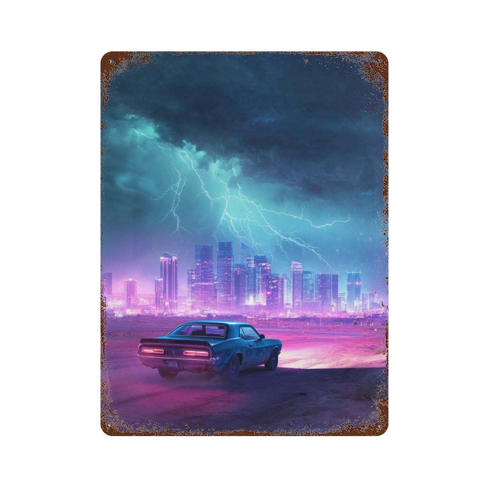 Garage Style Neon Cityscape with Vintage Car Vintage Rust Metal Sign 15.7"x11.8", Rustic Home Decor for Bar And Workshop